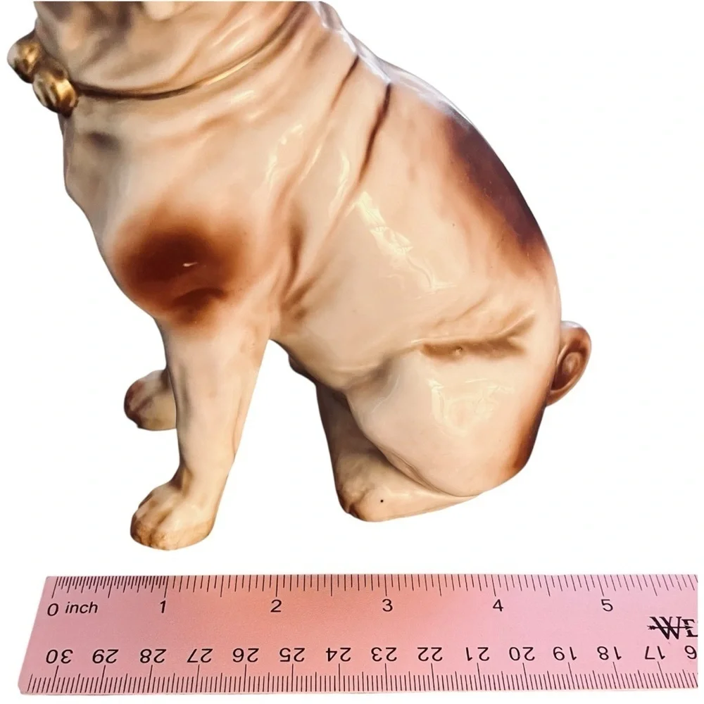 Antique Victorian Bull Dog Mantle Figurine Ceramic Statue Gold Gilt Bell Collar